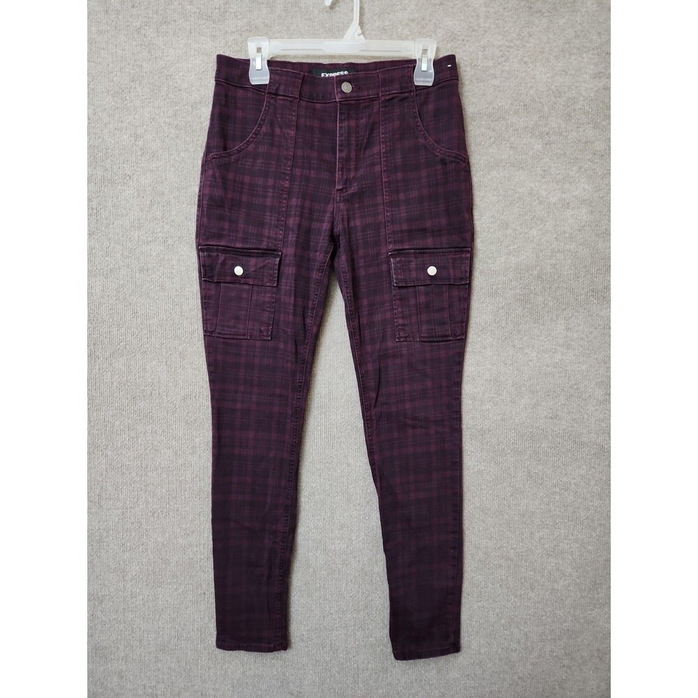 Express Legging Cargo Jeans Womens 8 Long Purple Black Plaid High Rise Stretch